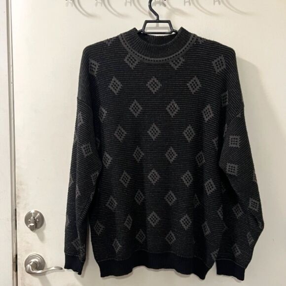 VTG Mondo di Marco Mens Black Gray Diamond Print Wool Blend Sweater Sz Medium - Picture 2 of 14